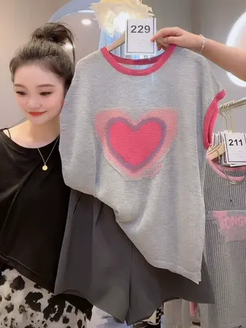 撞色爱心薄款冰丝针织衫女2023夏季新款短袖薄款宽松显瘦百搭t恤商品大图