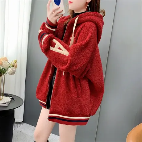 加绒加厚羊羔毛卫衣开衫女秋冬2022年新款宽松慵懒风连帽上衣外套商品大图