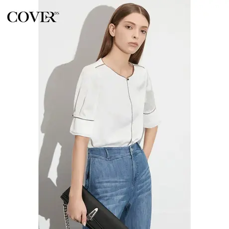 COVER夏季线条感微落肩提花银边衬衫图片