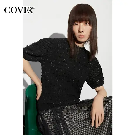 COVER夏季葱纱提花复古泡泡袖针织衫图片