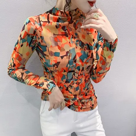 欧货半高领打底衫女春秋2024新款时尚印花网纱T恤修身显瘦髹上衣商品大图