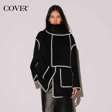 COVER冬季贝壳绣围脖式驼绒羊毛大衣商品大图