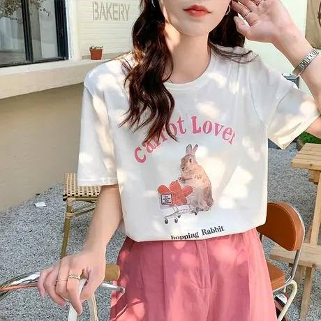 灰色短袖t恤女2024年夏季新款卡通印花纯棉宽松半袖薄款正肩上衣商品大图