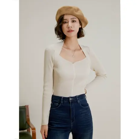 弥古法式方领长袖针织衫女秋季外穿修身高级感露锁骨上衣打底内搭商品大图