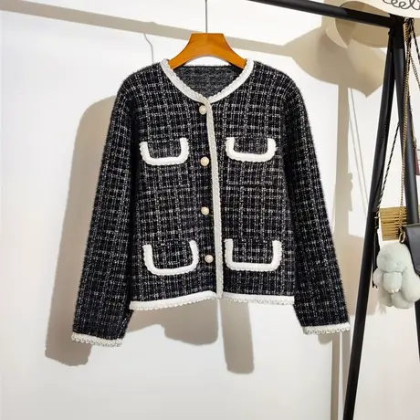 小香风针织开衫女春秋新款宽松圆领名媛气质百搭长袖短款毛衣外套图片