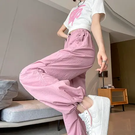 美式粉色工装裤女夏季薄款速干窄版阔腿高腰休闲束脚灯笼运动裤子图片