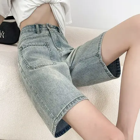 复古水洗高腰直筒牛仔短裤女2023年新款夏季薄款宽松阔腿五分中裤商品大图