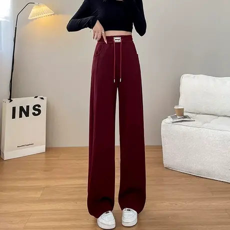 深红色运动裤女春秋新款高腰显瘦抽绳垂感休闲美式直筒卫裤阔腿裤商品大图