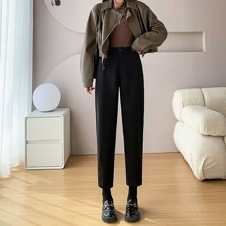 毛呢裤子女高腰秋冬新款宽松直筒休闲裤显瘦加绒哈伦裤加厚萝卜裤商品大图