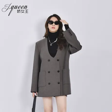 西装外套女春秋新款气质时尚英伦风小众设计感V领休闲双排扣西服图片