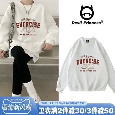 ins超火打底衫春秋韩版日系复古印花圆领卫衣bf大码宽松学生上衣图片