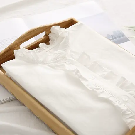 2020春秋季新款白色长袖衬衫女韩版宽松木耳花边立领纯棉打底衬衣图片