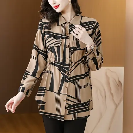 妈妈长袖衬衫外套女春秋季新款宽松加大码女装遮肚子休闲显瘦上衣图片