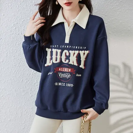 翻领卫衣女装春秋季薄款宽松加大码女装撞色休闲百搭显瘦上衣外套图片