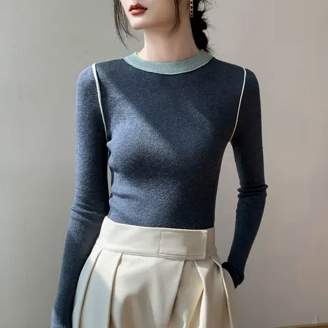 羊毛针织衫女2023秋冬新款韩版圆领保暖设计感拼色正肩长袖打底衫商品大图