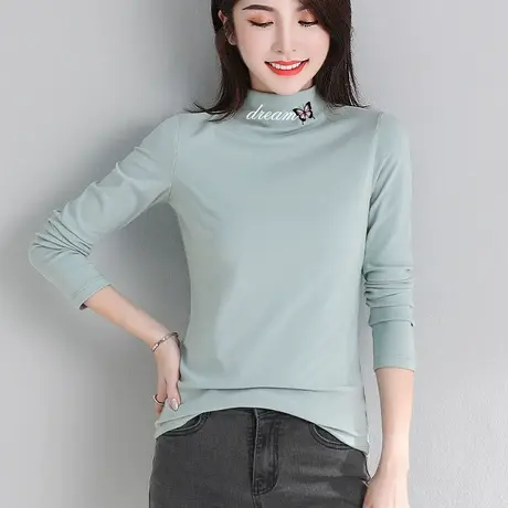 浅蓝色罗纹打底衫女秋季半高领修身紧身内搭简约百搭长袖洋气t恤图片