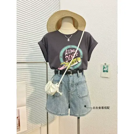 夏装新款飞船印花圆领翻袖宽松T恤女 韩版休闲时尚薄款透气上衣潮商品大图