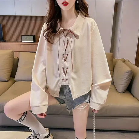 小个子短款卫衣女春秋韩版宽松薄款华夫格翻领polo衫系带上衣外套商品大图