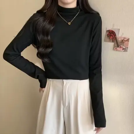黑色半高领内搭打底衫女德绒磨毛秋冬装韩版修身显瘦长袖T恤上衣商品大图