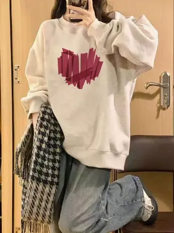 早秋新款女装圆领卫衣oversize大码宽松长袖ins潮情侣装薄款上衣商品大图