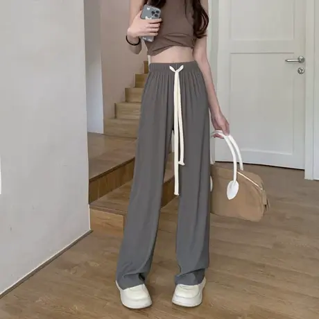 松紧腰抽绳休闲裤女夏季韩版2024新款慵懒风高腰显瘦阔腿拖地长裤商品大图