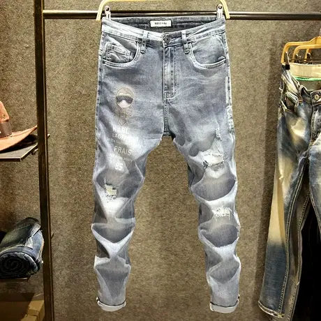九分牛仔裤男潮牌修身小脚裤2024年春季破洞英文印花百搭烫钻裤子商品大图