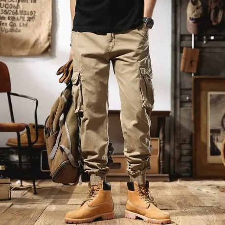 美式卡其色工装裤子男2022夏季薄款潮流男士休闲裤宽松小脚束脚裤商品大图