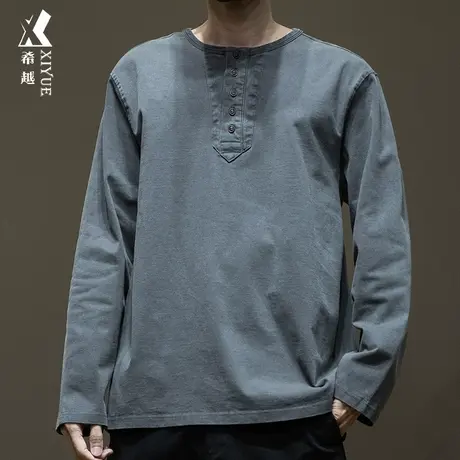 希越精梳棉纯棉重磅330g长袖男士T恤秋冬季宽松大码纯色圆领长t恤商品大图