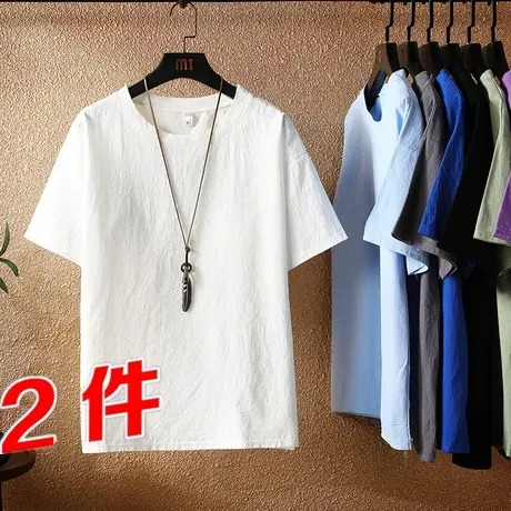 夏季棉麻男士中国风纯色圆领宽松大码短袖t恤日系半袖潮牌体恤衫商品大图