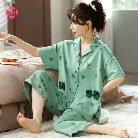 洁丽雅睡衣女夏季韩版春秋学生家居服可爱薄款短袖套装夏天可外穿图片