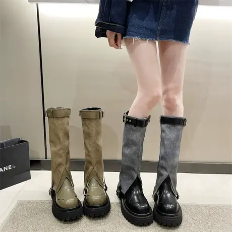 长筒靴女2023年春秋季新款法式复古西部牛仔靴粗跟厚底增高骑士靴图片