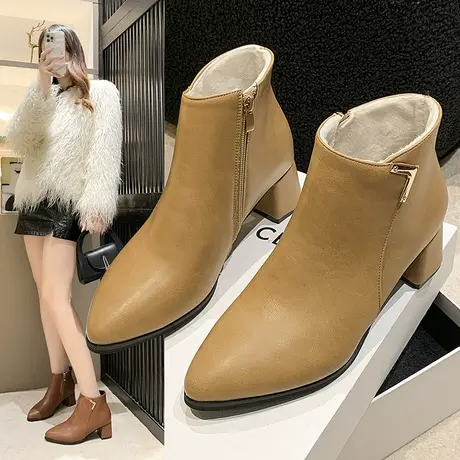 高级感小短靴高跟鞋2023新款马丁靴女秋冬加绒时尚百搭粗跟瘦瘦靴商品大图