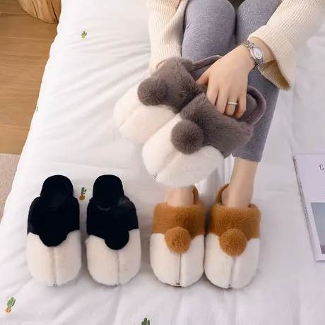 高跟棉拖鞋女冬天居家用室内防滑保暖软底网红可爱毛绒厚底月子鞋商品大图