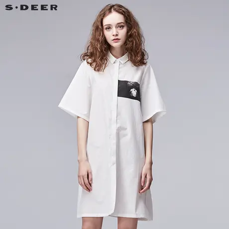 sdeer圣迪奥2019夏装女感黑白印花短袖宽松长款衬衫S17280472图片
