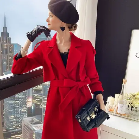 粉红大布娃娃羊毛大衣女过年战袍冬季双面呢风衣毛呢外套图片