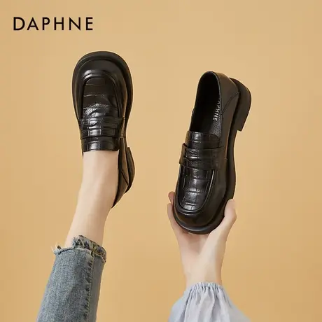 达芙妮真皮乐福鞋女2022新款英伦风厚底一脚蹬黑色豆豆鞋夏季单鞋图片