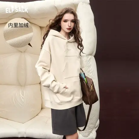 妖精的口袋加绒连帽卫衣女2023冬季新款小个子宽松套头设计感上衣商品大图
