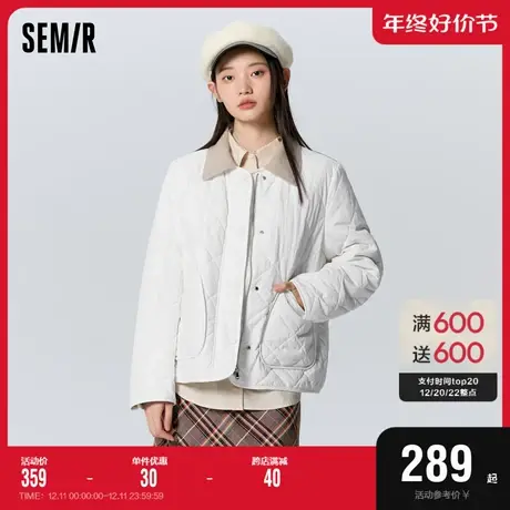 [商场同款]森马棉服女灯芯绒翻领撞色薄款2023新款冬宽松菱格外套图片