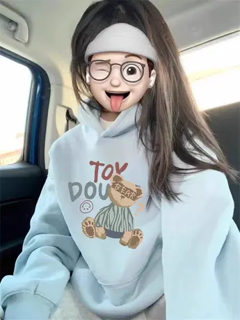 国潮情侣卫衣大码胖mm显瘦冬季加绒上衣ins减龄洋气蓝色内搭外套商品大图