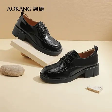 【门店发货】奥康女鞋2023春秋休闲女士单鞋系带粗跟真皮小皮鞋图片