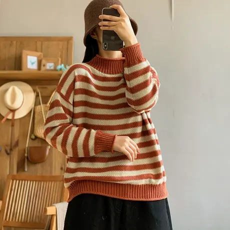 dza 复古针织半高圆领条纹毛衣女秋冬内搭叠穿打底衫宽松针织衫女图片