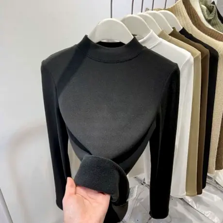 法式半高领长袖T恤女冬季加绒加厚内搭打底衫德绒保暖修身上衣潮商品大图