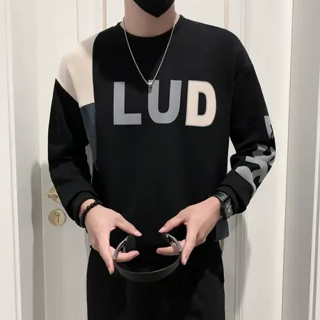 秋季男士圆领卫衣拼色字母设计痞帅长袖上衣美式潮打底衫t恤外套商品大图