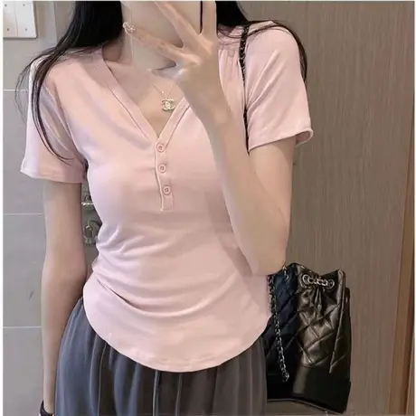 夏季新款洋气百搭韩版v领短袖t恤女2023修身针织内搭打底衫法式潮商品大图