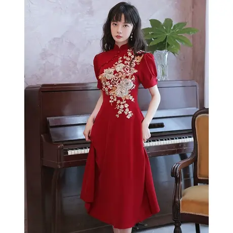 旗袍敬酒服新娘平时可穿夏季酒红色结婚订婚回门小礼服连衣裙刺绣商品大图