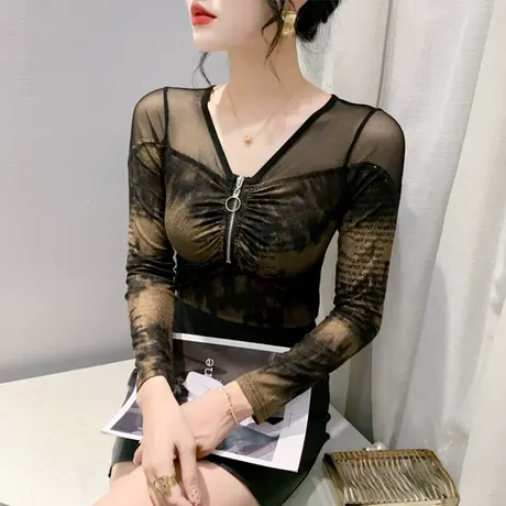 春装2024新款T恤网纱镂空拼接褶皱镶钻拉链洋气上衣女长袖打底衫商品大图