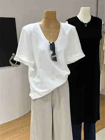 白色t恤女短袖垫肩卷边简约时髦宽松韩版2024新款春设计感u领上衣商品大图