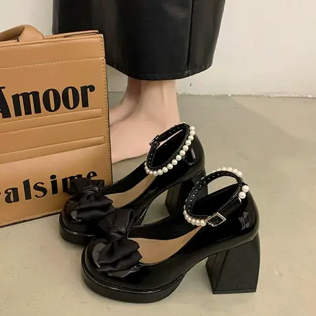 法式玛丽珍鞋女2024春秋季新款时尚仙女风珍珠浅口高跟粗跟小皮鞋商品大图