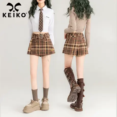 KEIKO [赠腰带] 复古咖色格纹裤裙半身裙24春夏学院风甜辣短裤裙图片