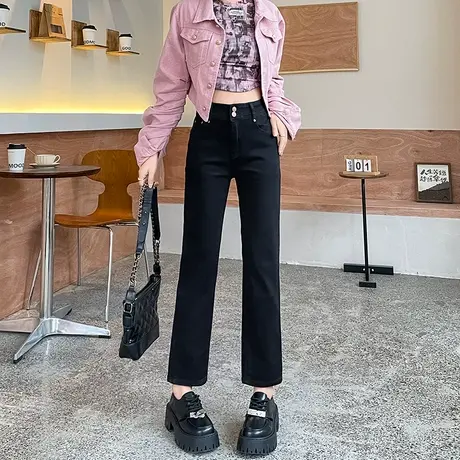 黑色九分高腰直筒牛仔裤女2024春秋新款加绒显瘦小个子法棍烟管裤商品大图